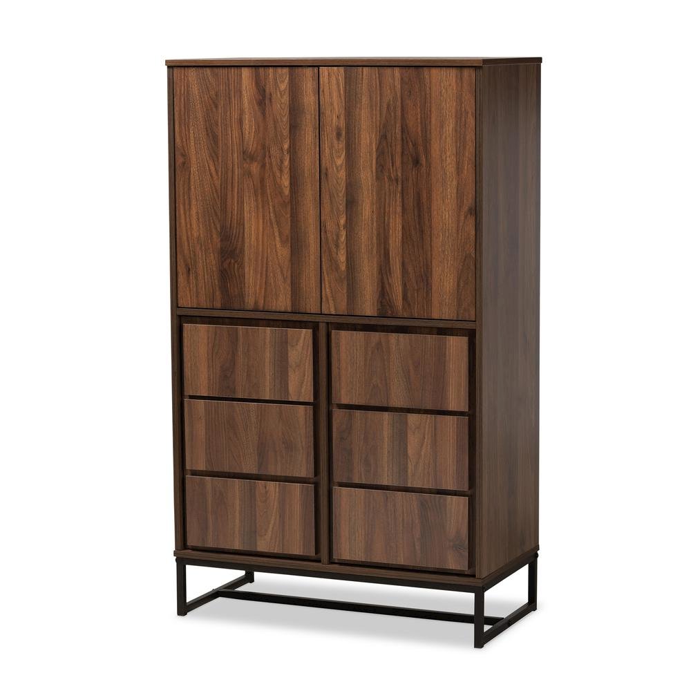 Walnut Brown Finished Wood and Black Finished Metal Multipurpose Storage Cabinet