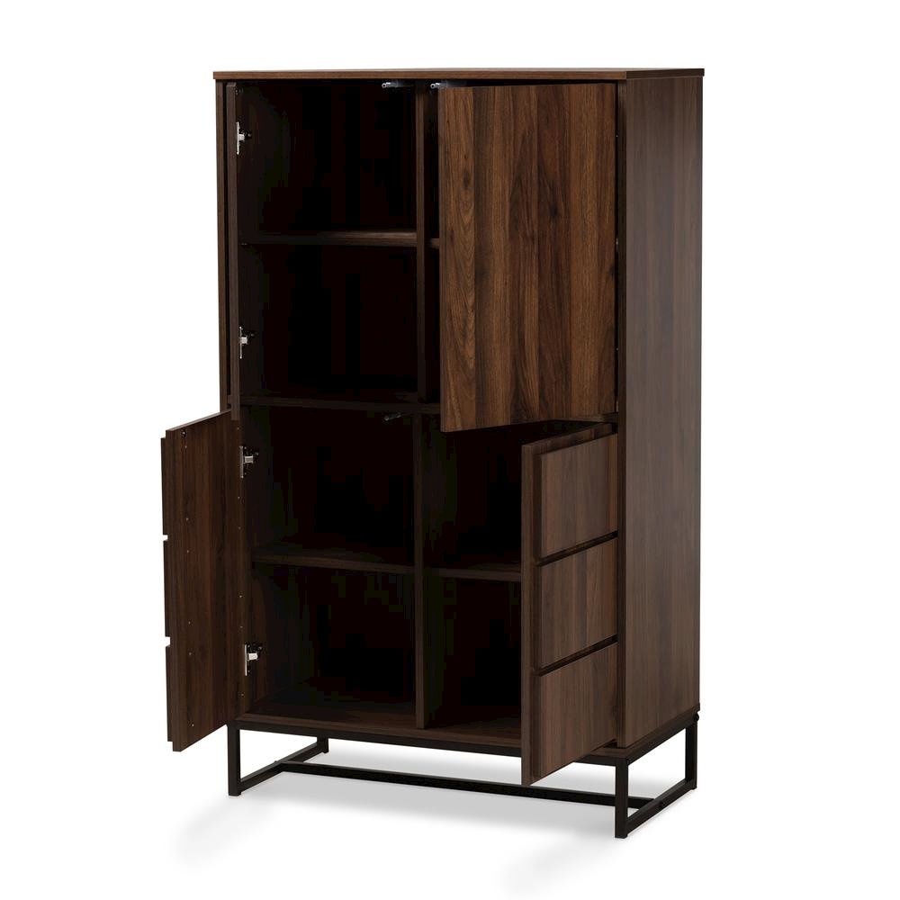 Walnut Brown Finished Wood and Black Finished Metal Multipurpose Storage Cabinet