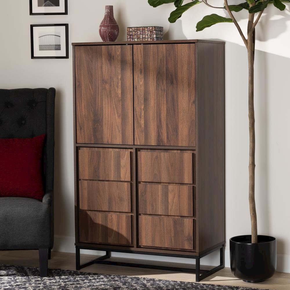 Walnut Brown Finished Wood and Black Finished Metal Multipurpose Storage Cabinet