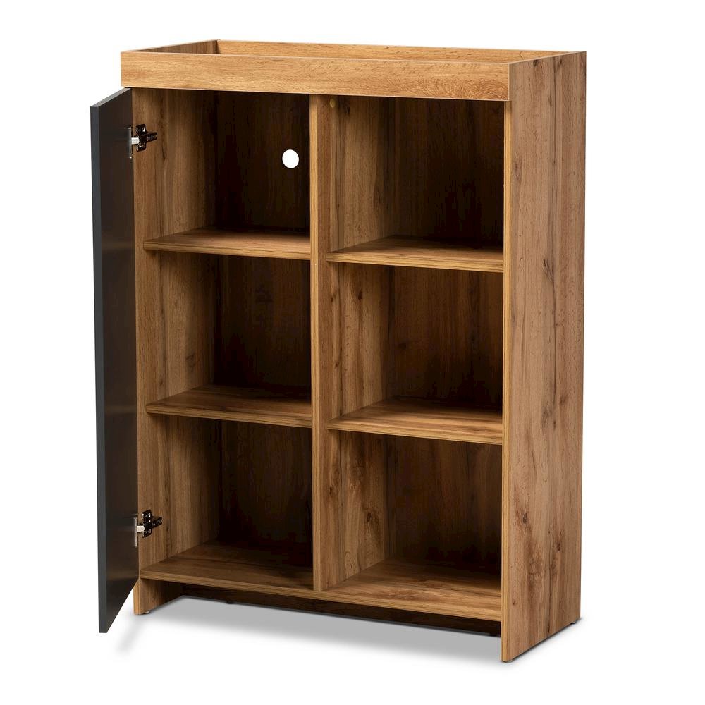 Two-Tone Grey and Oak Brown Finished Wood Shoe Cabinet