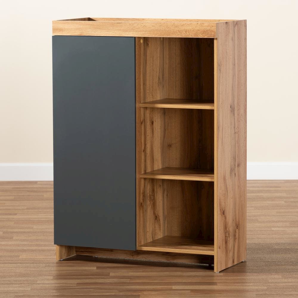 Two-Tone Grey and Oak Brown Finished Wood Shoe Cabinet
