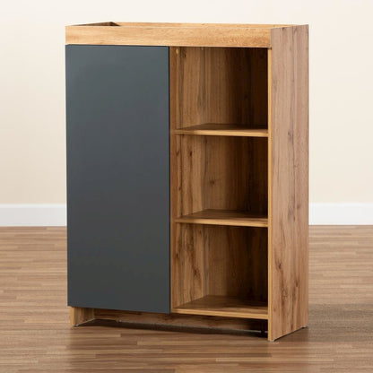 Two-Tone Grey and Oak Brown Finished Wood Shoe Cabinet