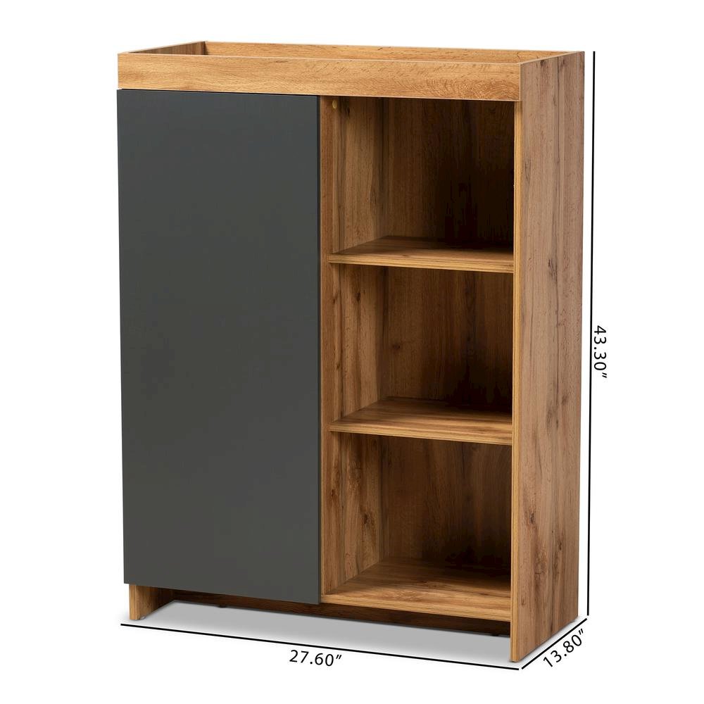Two-Tone Grey and Oak Brown Finished Wood Shoe Cabinet