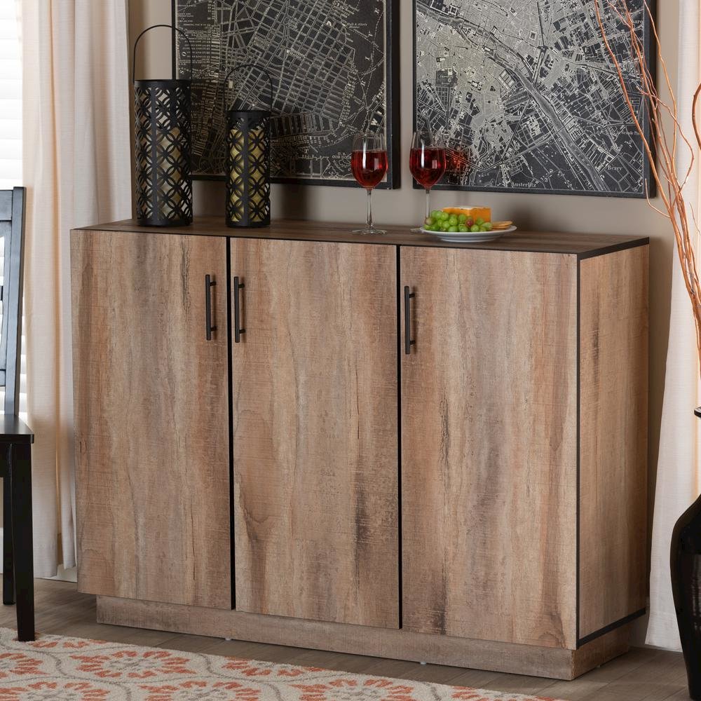 Natural Oak Finished Wood 3-Door Dining Room Sideboard Buffet