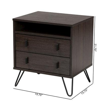 Dark Brown Finished Wood and Black Metal 2-Drawer Nightstand