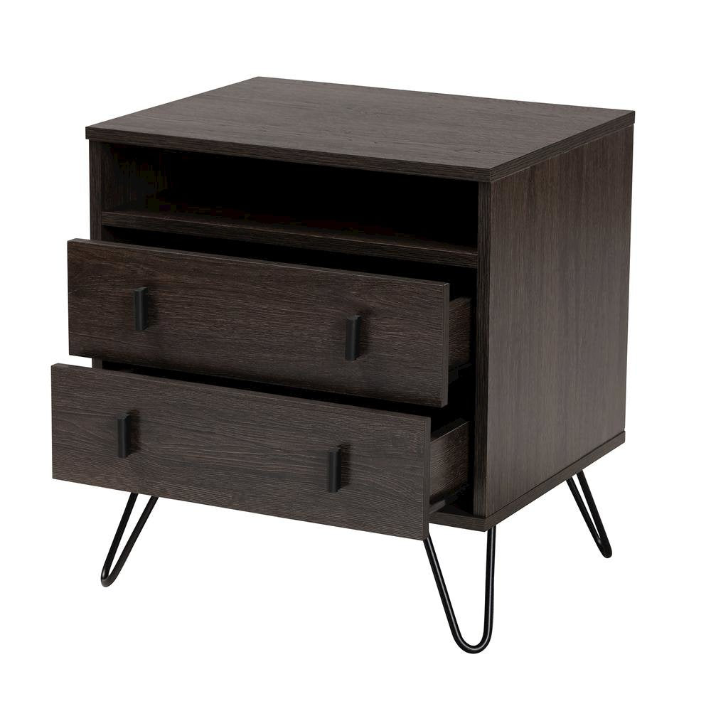Dark Brown Finished Wood and Black Metal 2-Drawer Nightstand