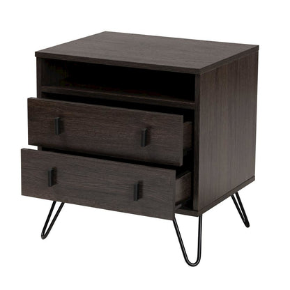 Dark Brown Finished Wood and Black Metal 2-Drawer Nightstand