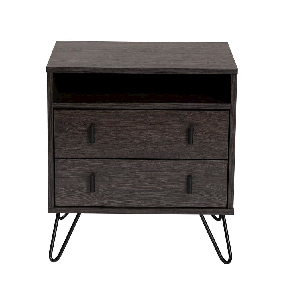 Dark Brown Finished Wood and Black Metal 2-Drawer Nightstand