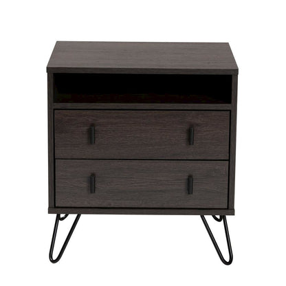 Dark Brown Finished Wood and Black Metal 2-Drawer Nightstand