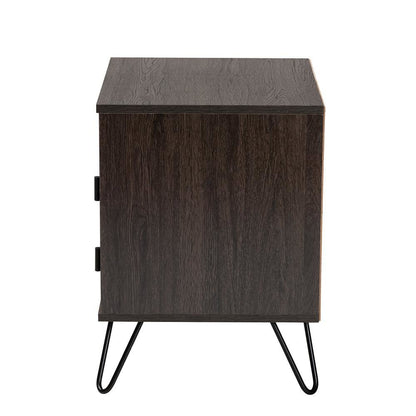 Dark Brown Finished Wood and Black Metal 2-Drawer Nightstand
