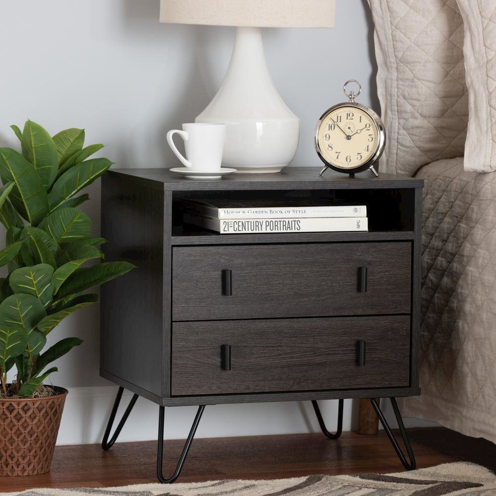Dark Brown Finished Wood and Black Metal 2-Drawer Nightstand