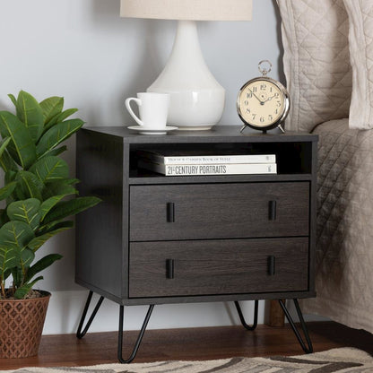 Dark Brown Finished Wood and Black Metal 2-Drawer Nightstand