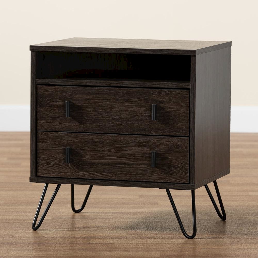 Dark Brown Finished Wood and Black Metal 2-Drawer Nightstand