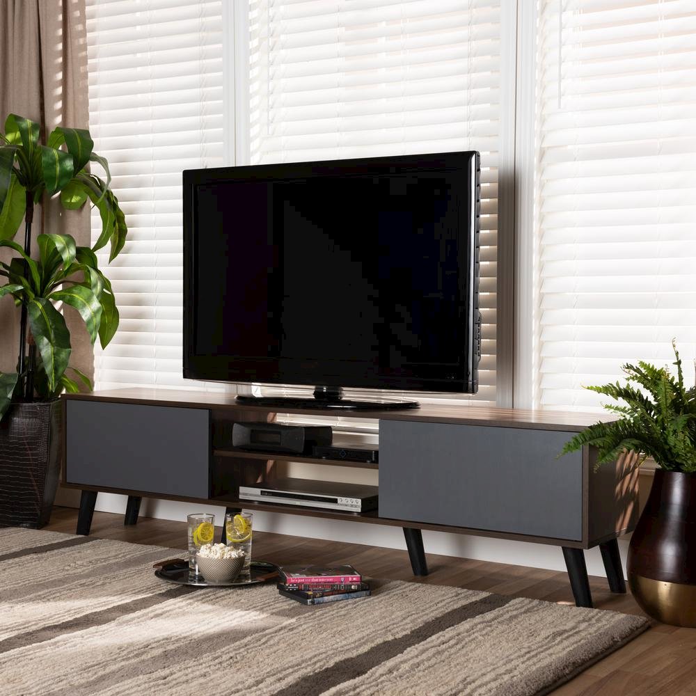 Multi-Tone Grey and Walnut Brown Finished Wood TV Stand