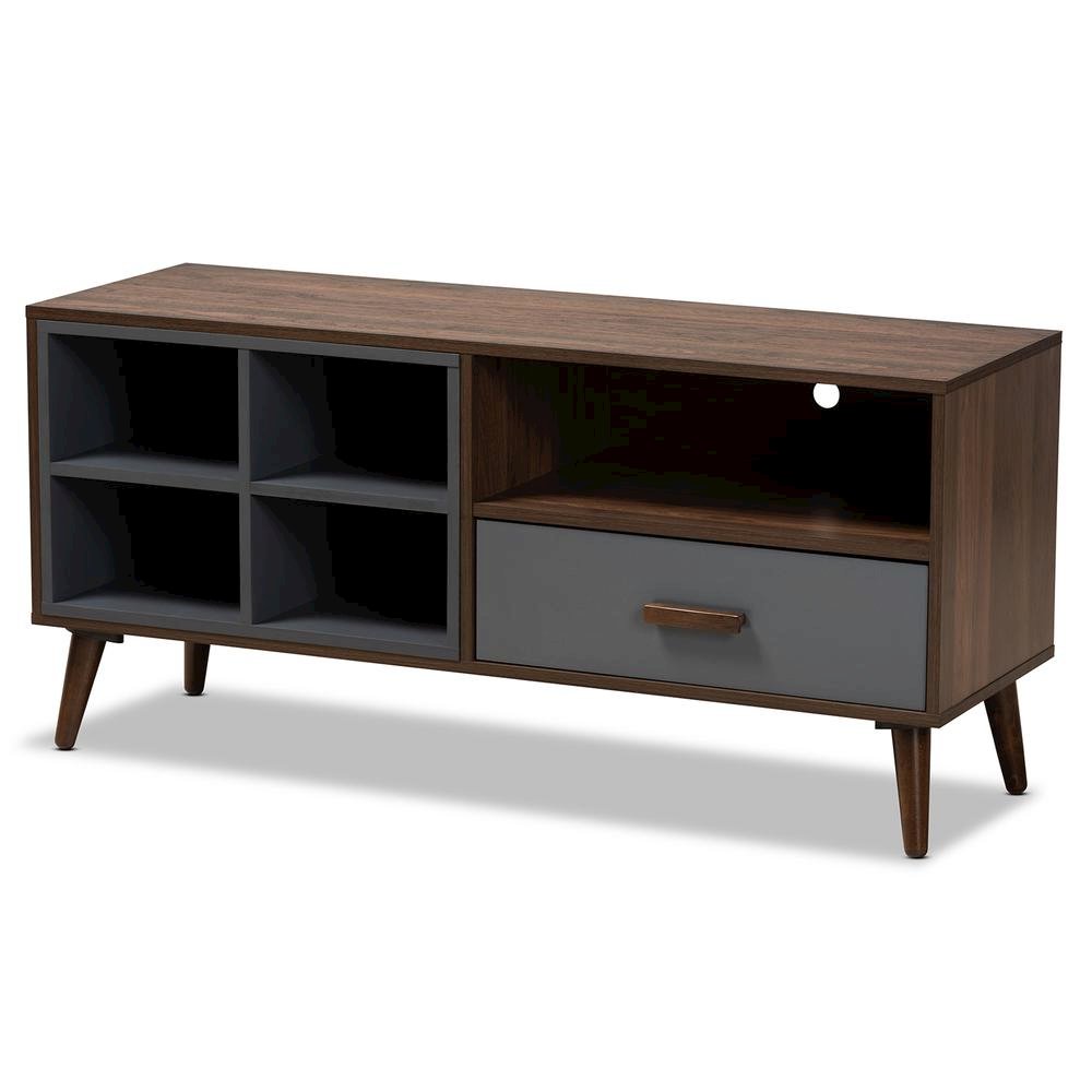 Two-Tone Grey and Walnut Brown Finished Wood 1-Drawer TV Stand