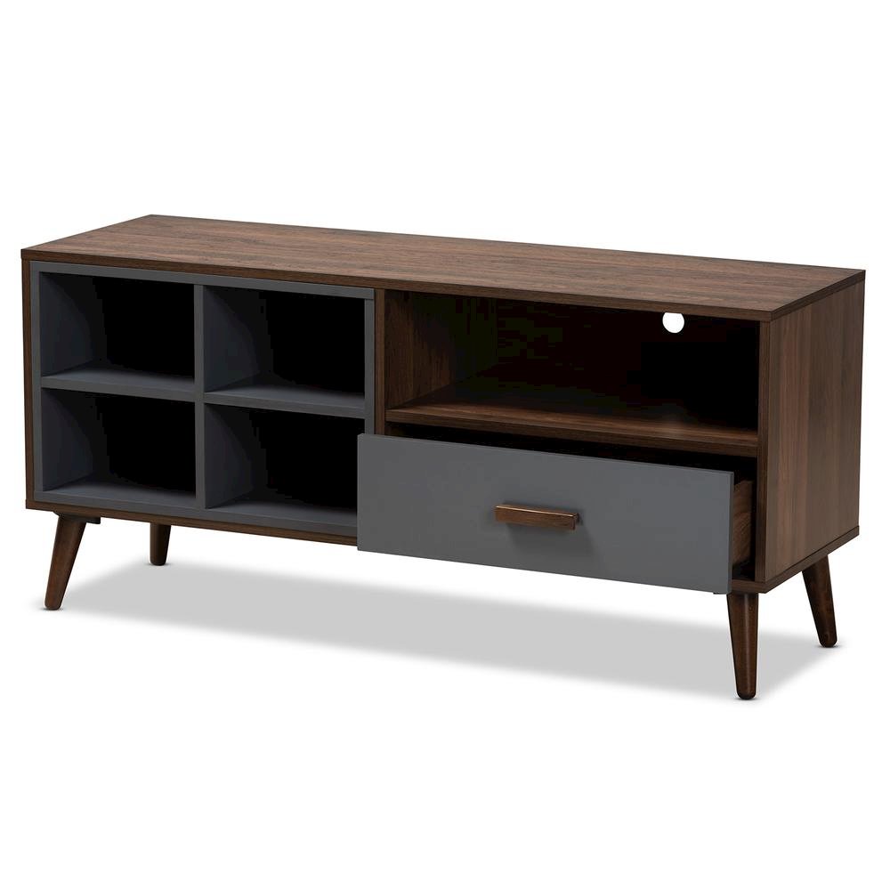Two-Tone Grey and Walnut Brown Finished Wood 1-Drawer TV Stand