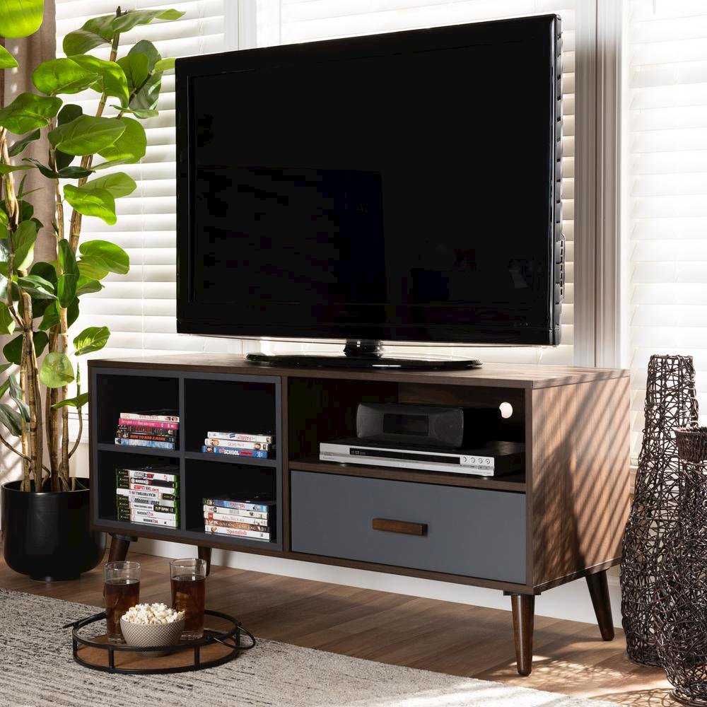 Two-Tone Grey and Walnut Brown Finished Wood 1-Drawer TV Stand
