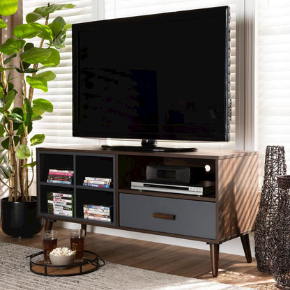Two-Tone Grey and Walnut Brown Finished Wood 1-Drawer TV Stand