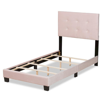 Glam Light Pink Velvet Fabric Upholstered Twin Size Panel Bed