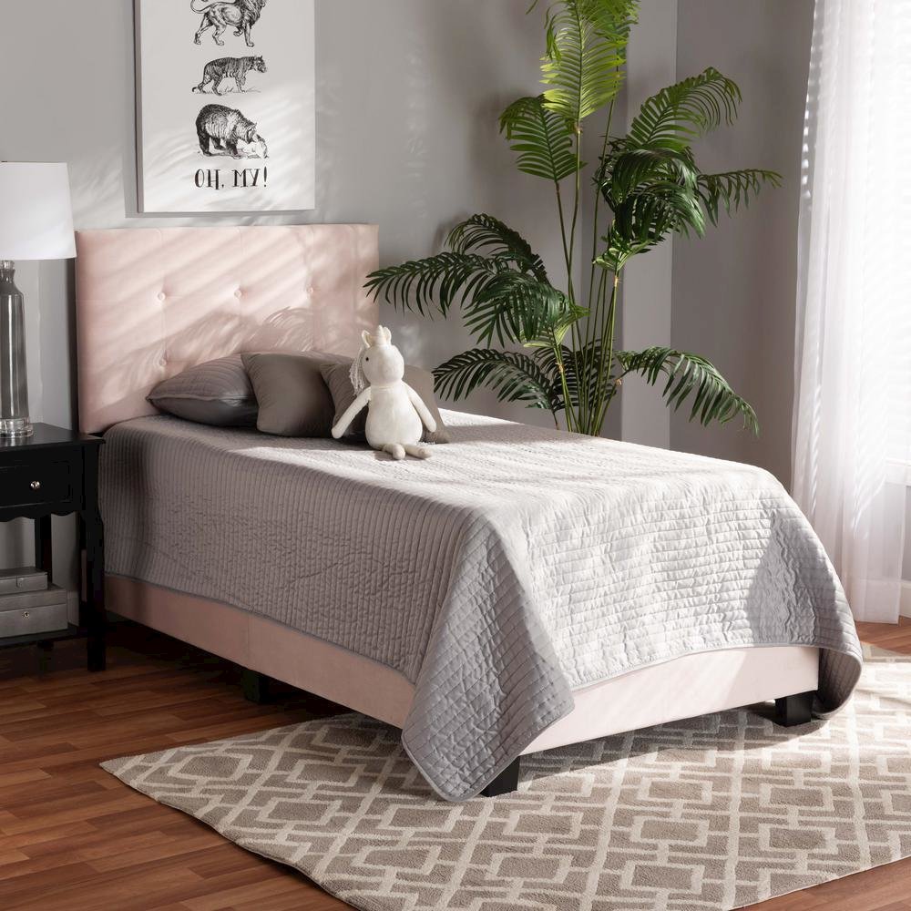 Glam Light Pink Velvet Fabric Upholstered Twin Size Panel Bed