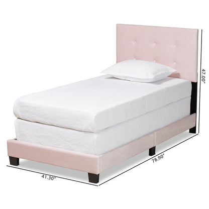 Glam Light Pink Velvet Fabric Upholstered Twin Size Panel Bed