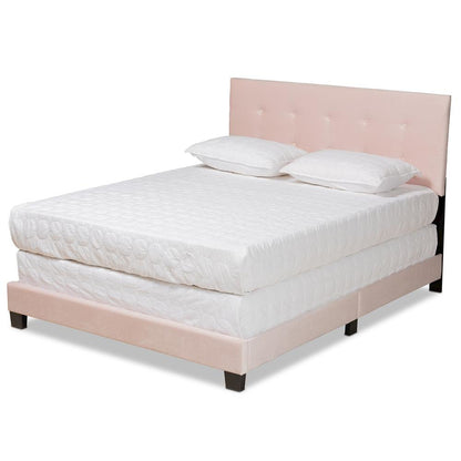 Glam Light Pink Velvet Fabric Upholstered Queen Size Panel Bed