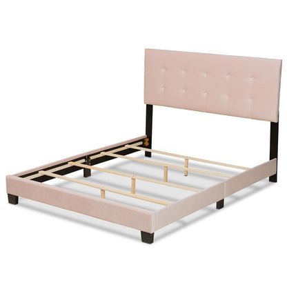 Glam Light Pink Velvet Fabric Upholstered Queen Size Panel Bed