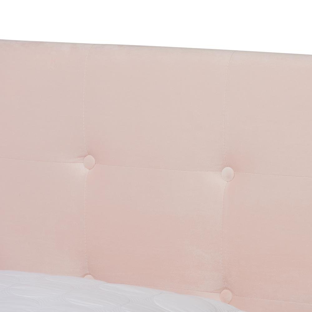 Glam Light Pink Velvet Fabric Upholstered Queen Size Panel Bed