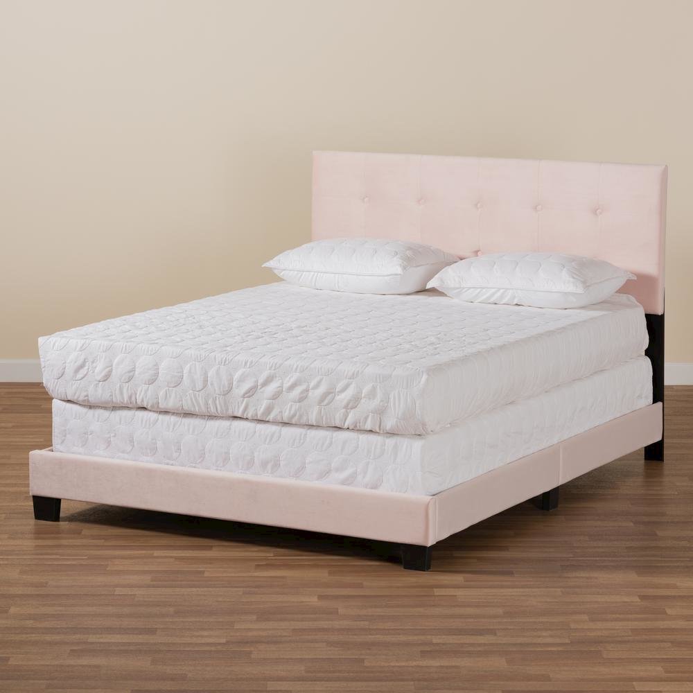 Glam Light Pink Velvet Fabric Upholstered Queen Size Panel Bed