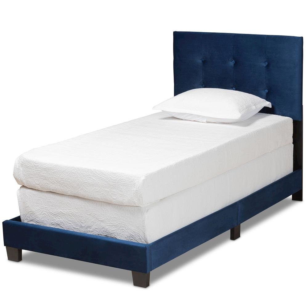 Glam Navy Blue Velvet Fabric Upholstered Twin Size Panel Bed
