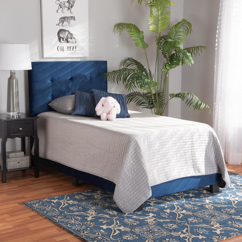 Glam Navy Blue Velvet Fabric Upholstered Twin Size Panel Bed