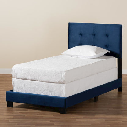 Glam Navy Blue Velvet Fabric Upholstered Twin Size Panel Bed