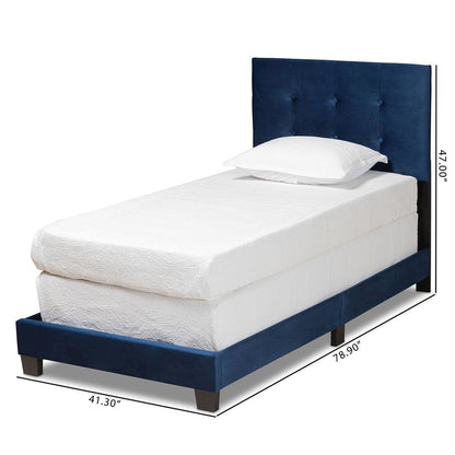 Glam Navy Blue Velvet Fabric Upholstered Twin Size Panel Bed