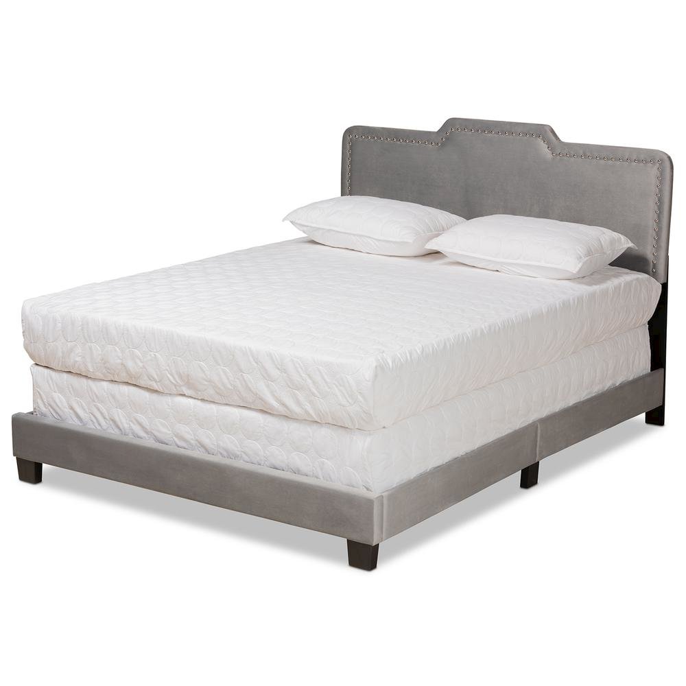 Glam Grey Velvet Fabric Upholstered Queen Size Panel Bed