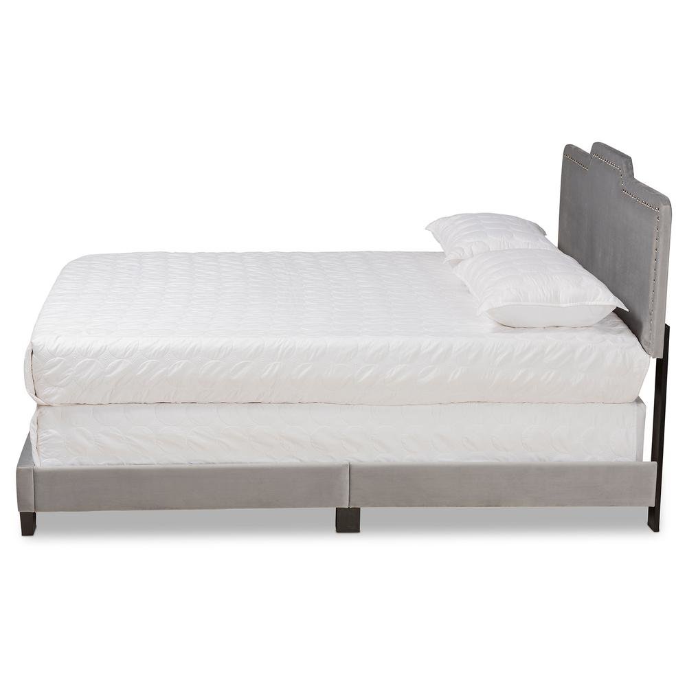 Glam Grey Velvet Fabric Upholstered Queen Size Panel Bed