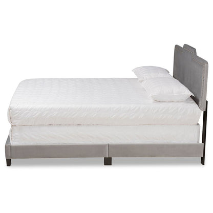 Glam Grey Velvet Fabric Upholstered Queen Size Panel Bed