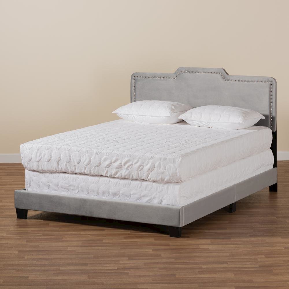 Glam Grey Velvet Fabric Upholstered Queen Size Panel Bed