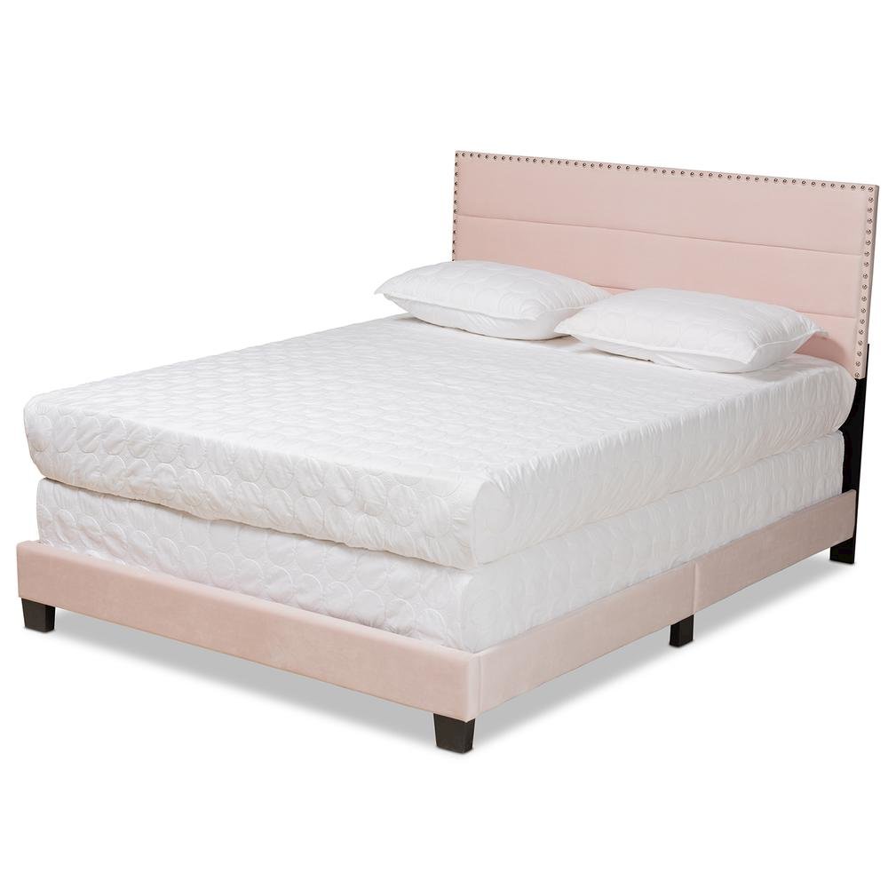 Glam Light Pink Velvet Fabric Upholstered Full Size Panel Bed