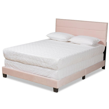 Glam Light Pink Velvet Fabric Upholstered Full Size Panel Bed
