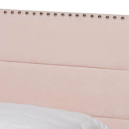 Glam Light Pink Velvet Fabric Upholstered Full Size Panel Bed