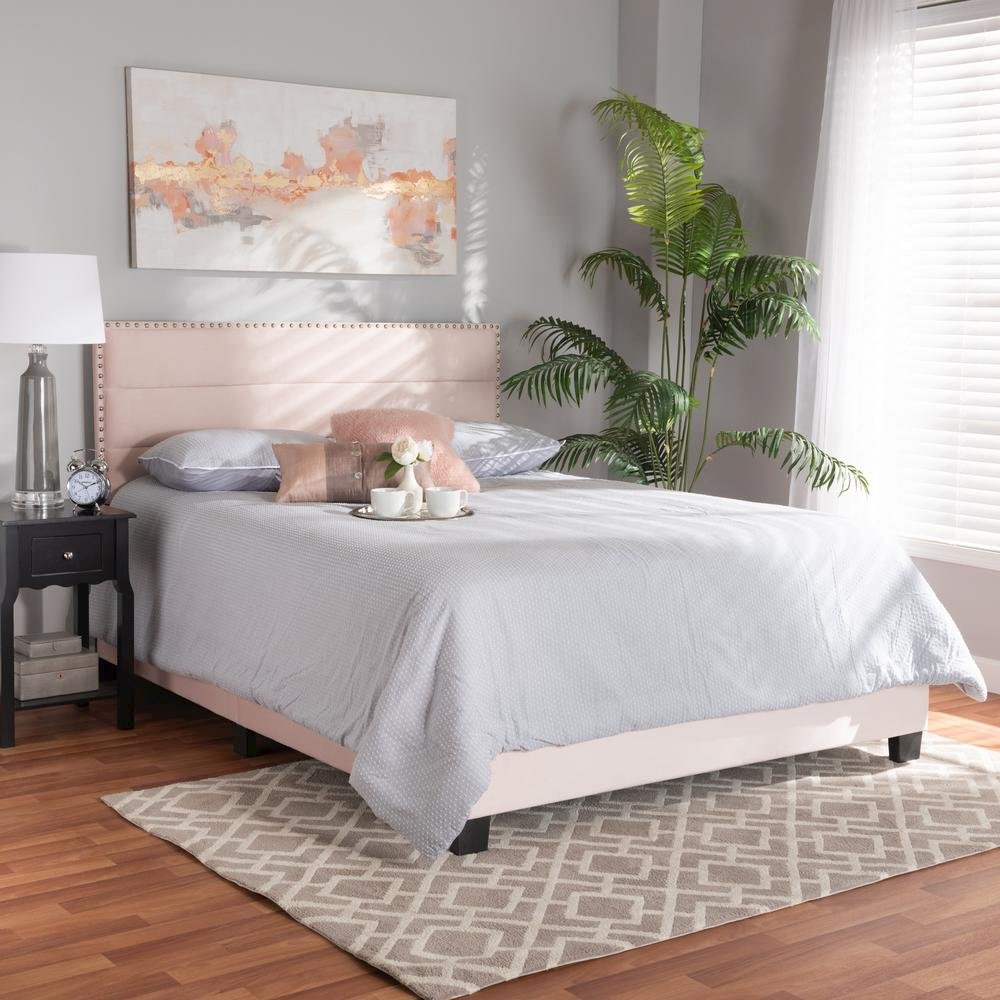 Glam Light Pink Velvet Fabric Upholstered Full Size Panel Bed