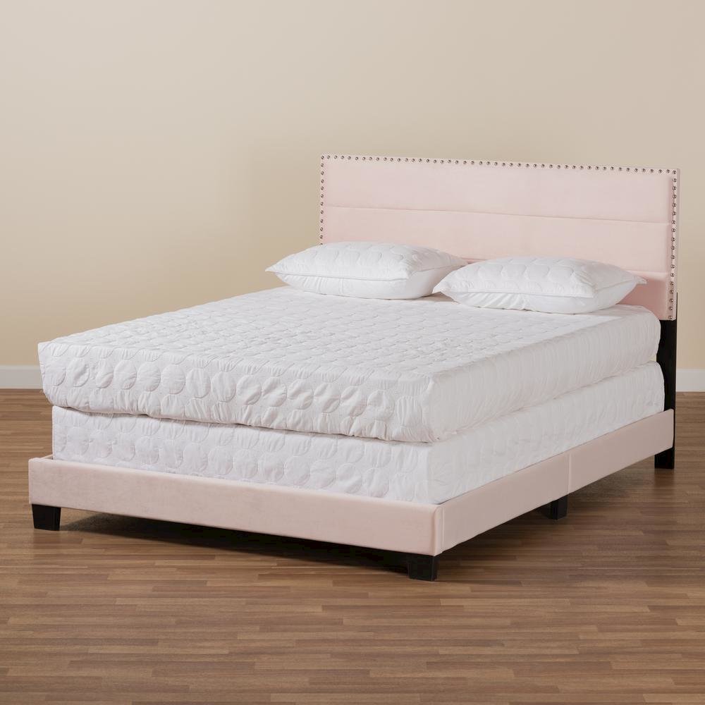 Glam Light Pink Velvet Fabric Upholstered Full Size Panel Bed