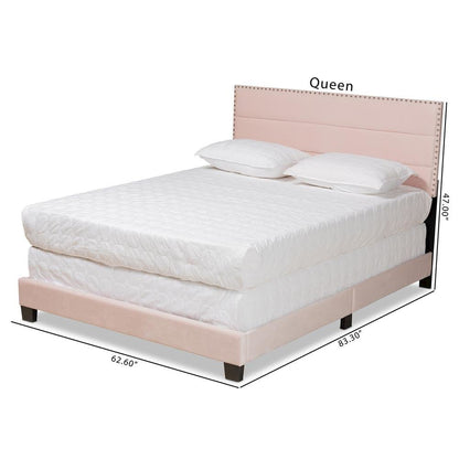 Glam Light Pink Velvet Fabric Upholstered Full Size Panel Bed