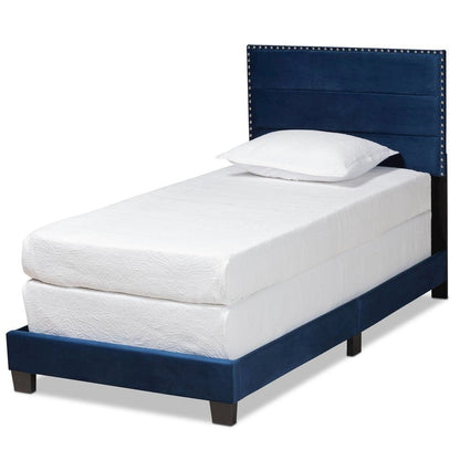 Glam Navy Blue Velvet Fabric Upholstered Twin Size Panel Bed
