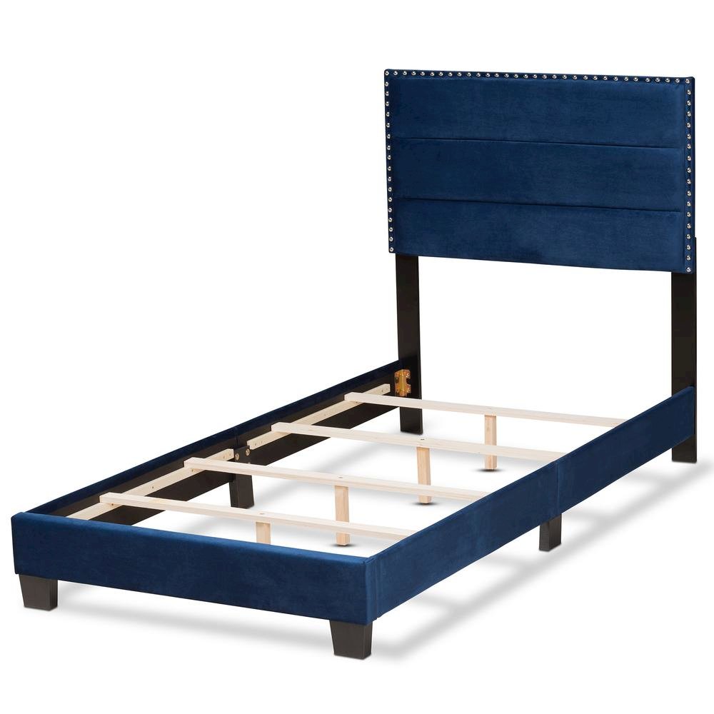 Glam Navy Blue Velvet Fabric Upholstered Twin Size Panel Bed