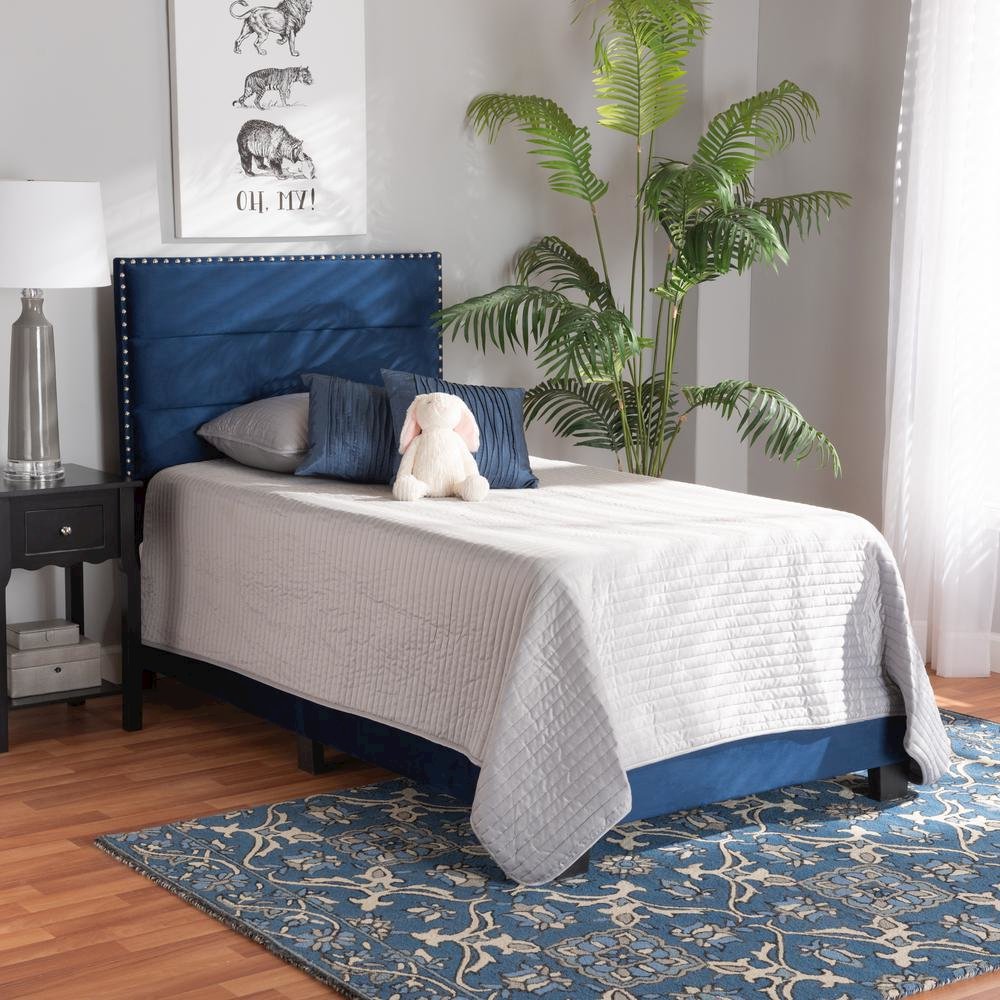 Glam Navy Blue Velvet Fabric Upholstered Twin Size Panel Bed
