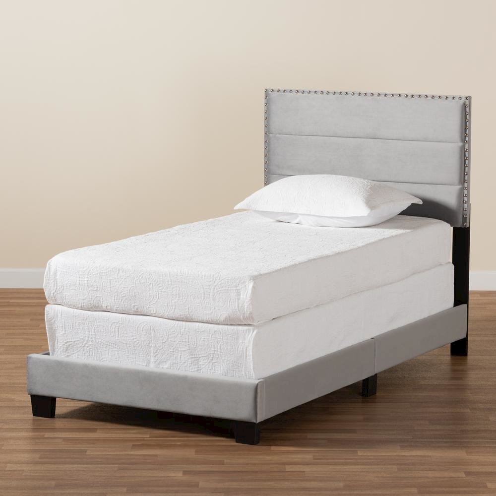 Glam Grey Velvet Fabric Upholstered Twin Size Panel Bed