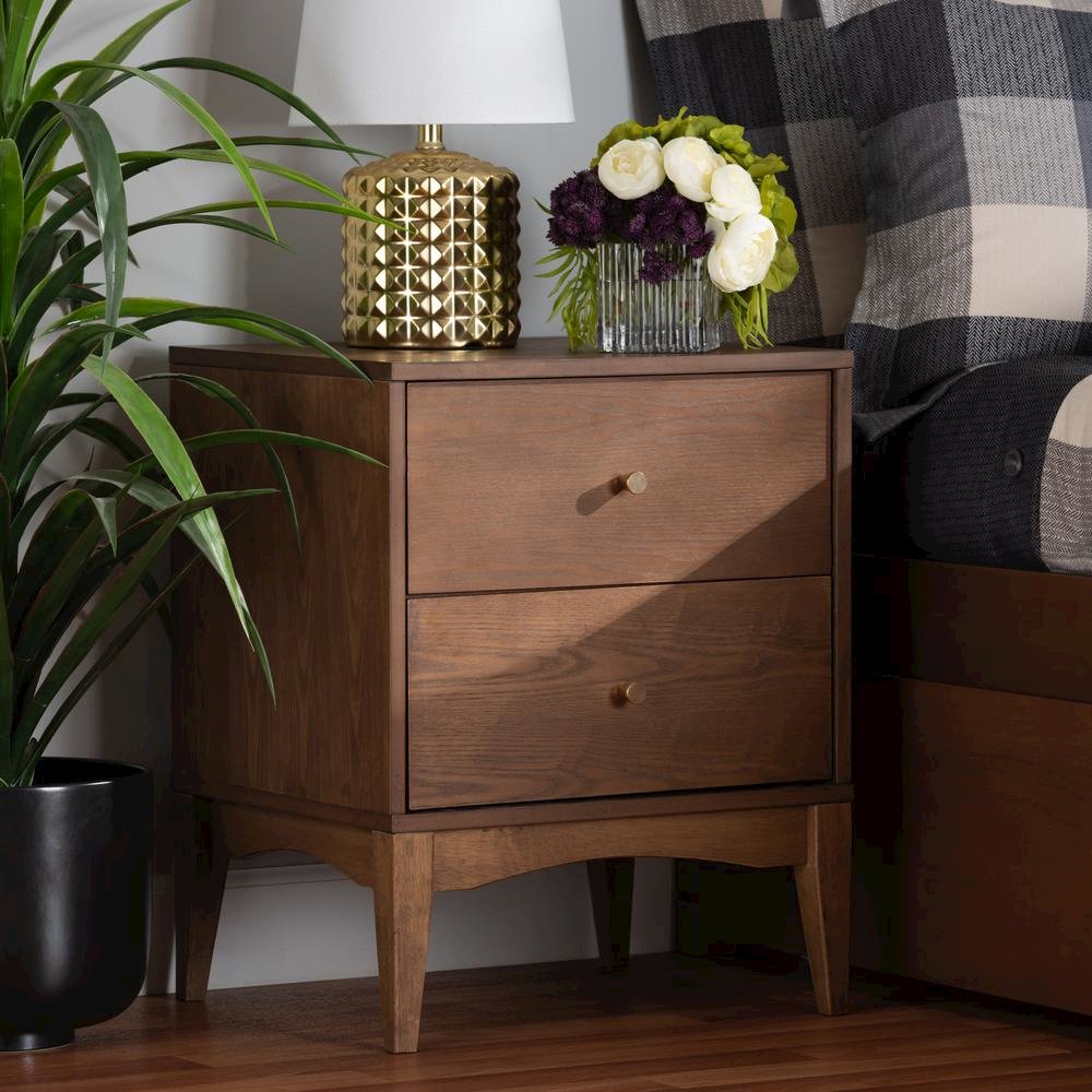 Landis Mid-Century Modern Ash Walnut Finished Wood 2-Drawer Nightstand