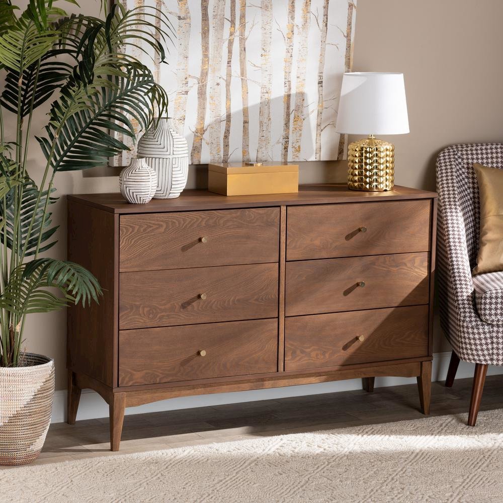 Landis Mid-Century Modern Ash Walnut Finished Wood 6-Drawer Dresser