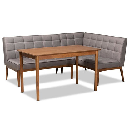 Grey Fabric Upholstered and Walnut Brown Finished Wood 3-Piece Dining Nook Set